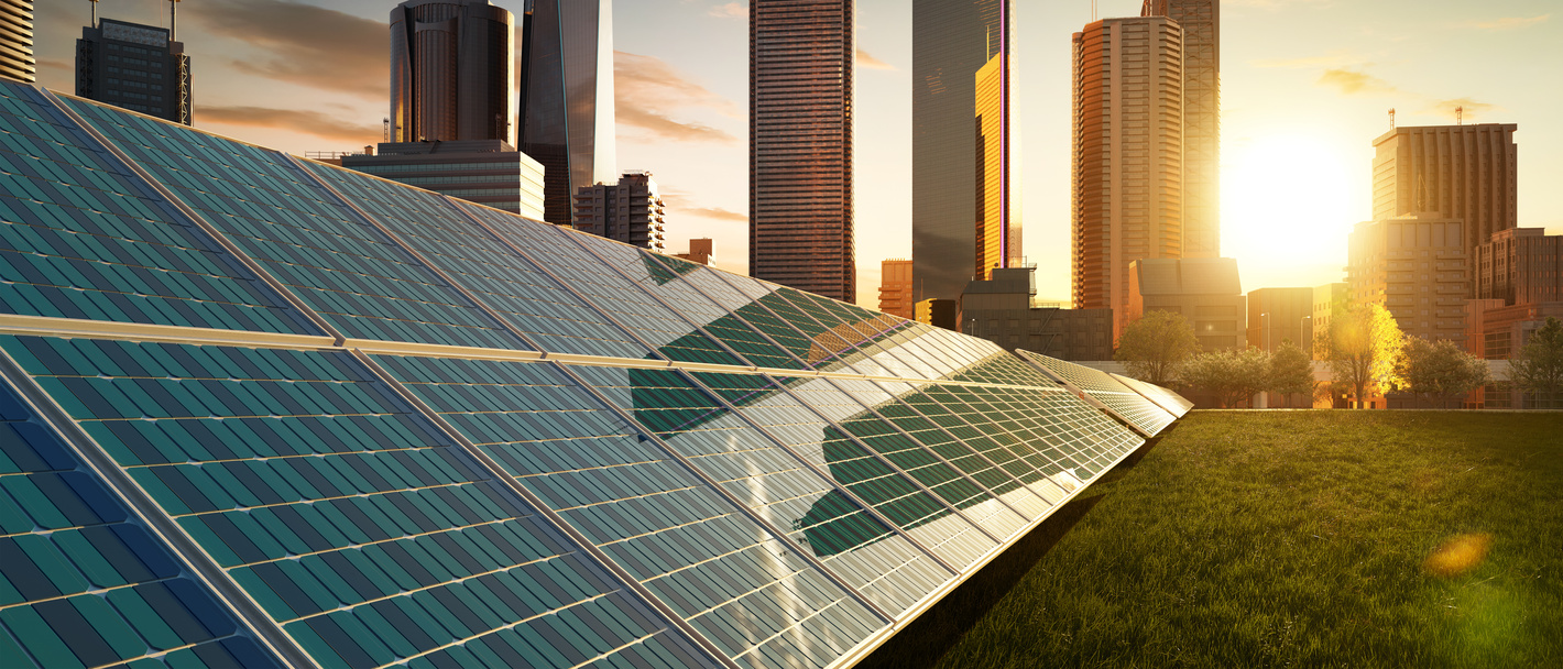 Solar panels with modern city